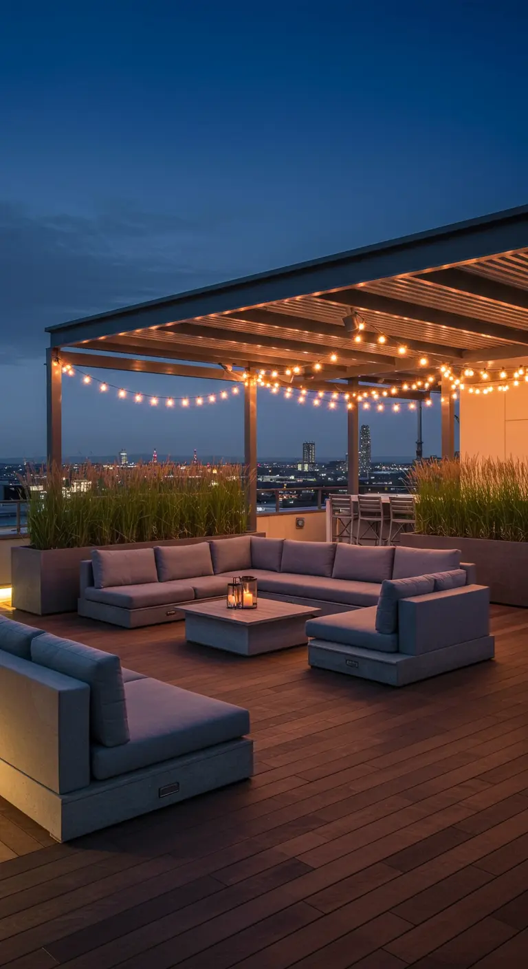 A large rooftop terrace with a grey modular sofa, a canopy of string lights, and city views at dusk.