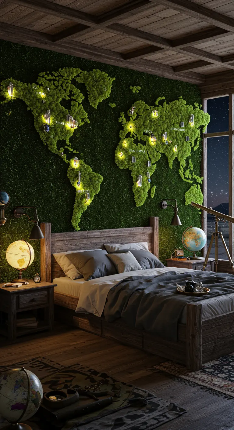 A bedroom with a world map made of moss on the wall, surrounded by globes and a telescope.