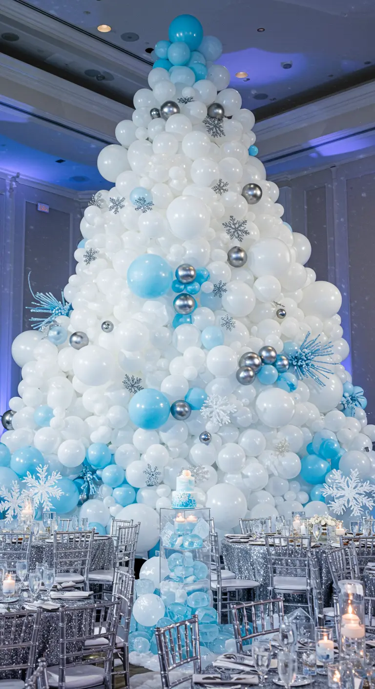 A giant Christmas tree made of white and blue balloons with snowflake decorations.