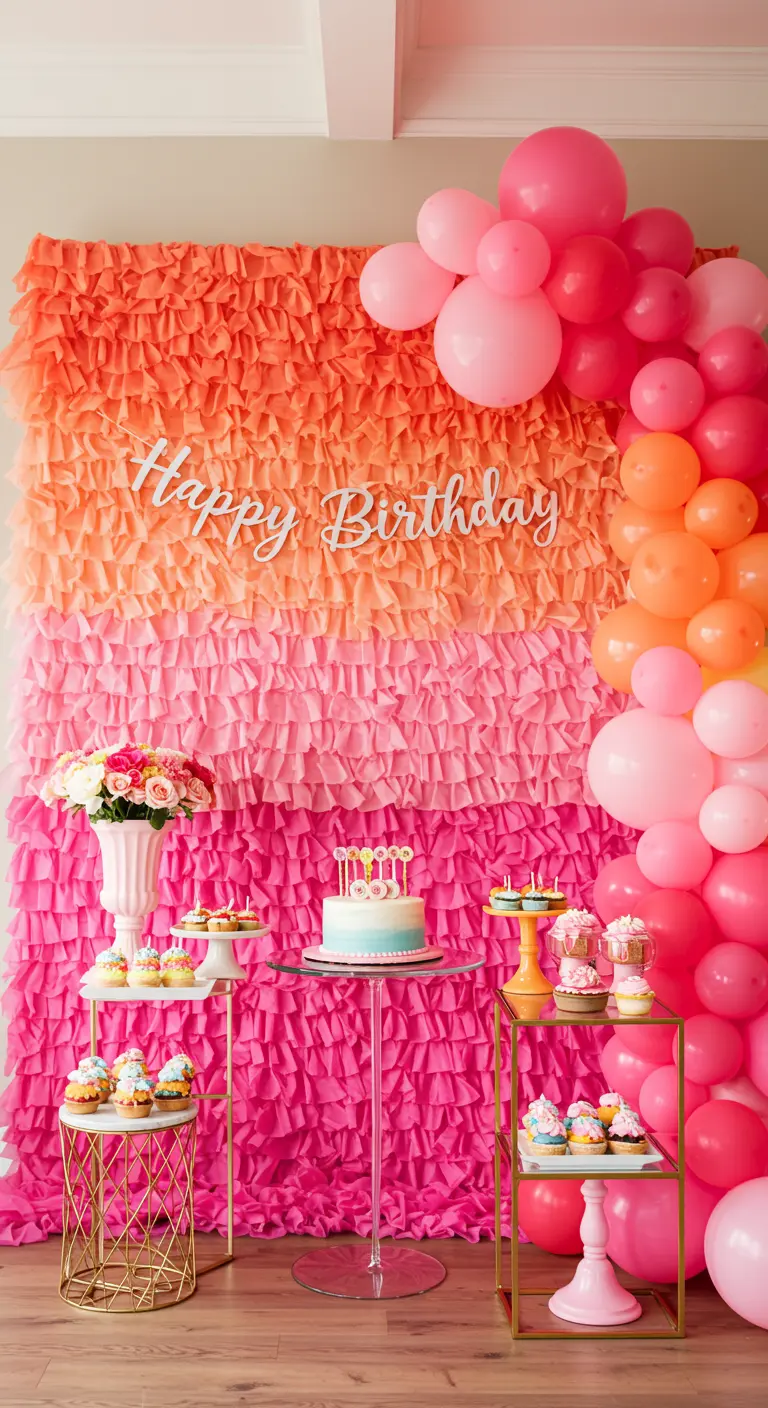 A floor-to-ceiling ruffled ombre backdrop in shades of pink and orange