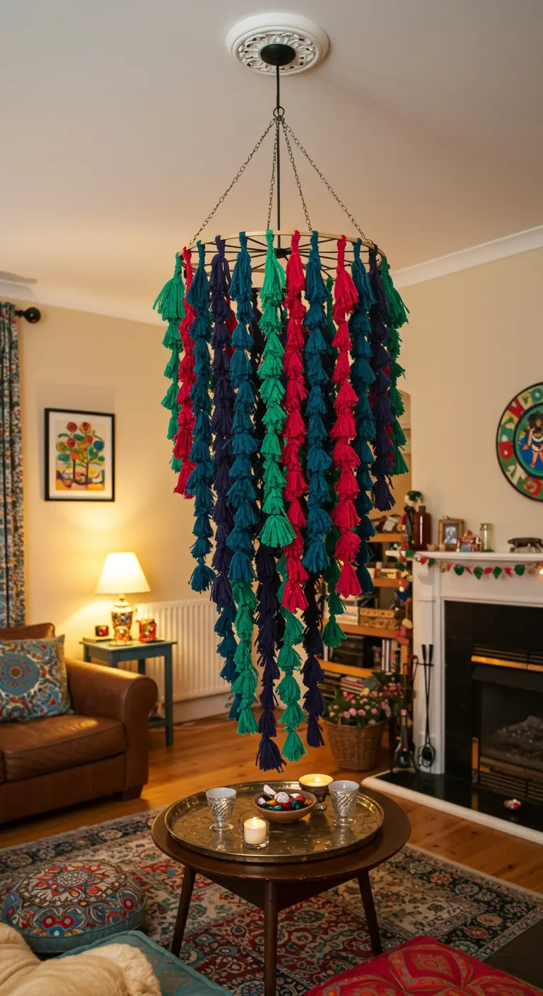 A large DIY chandelier made of red, green, and blue yarn tassels.
