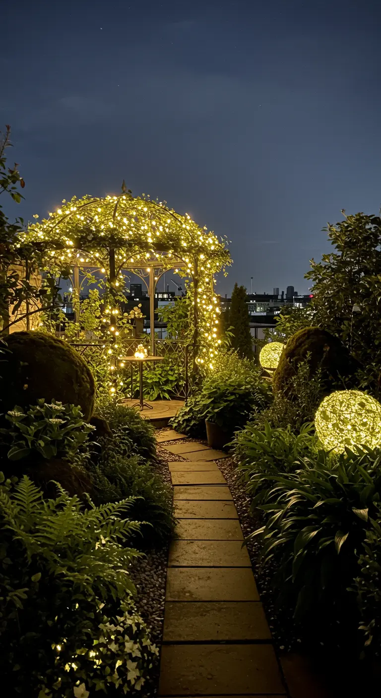 A garden path leading to a gazebo completely covered in twinkling fairy lights, surrounded by lush plants.