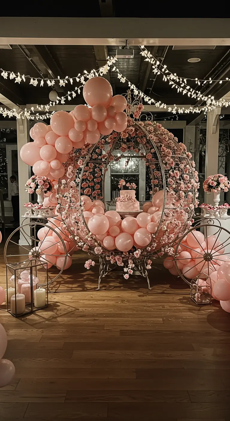 A fairytale-style metal carriage filled with pink balloons and roses.