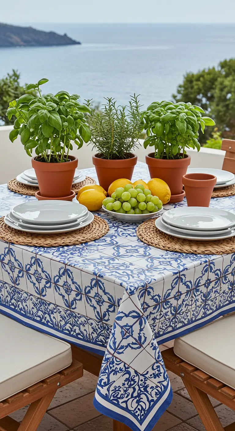 A table set with a blue and white tile-patterned tablecloth, overlooking the ocean.