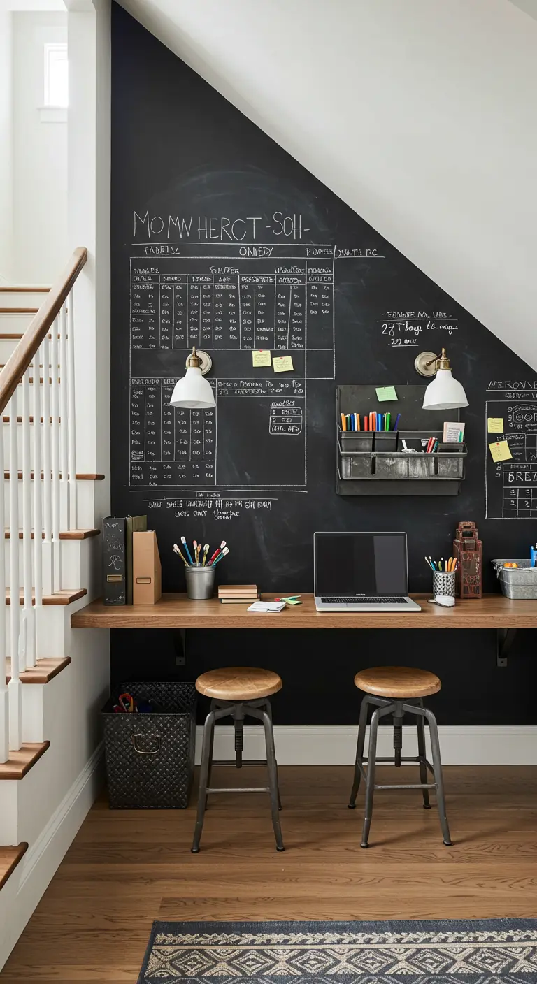 An under-stair homework station with a full chalkboard wall and a long wooden desk.