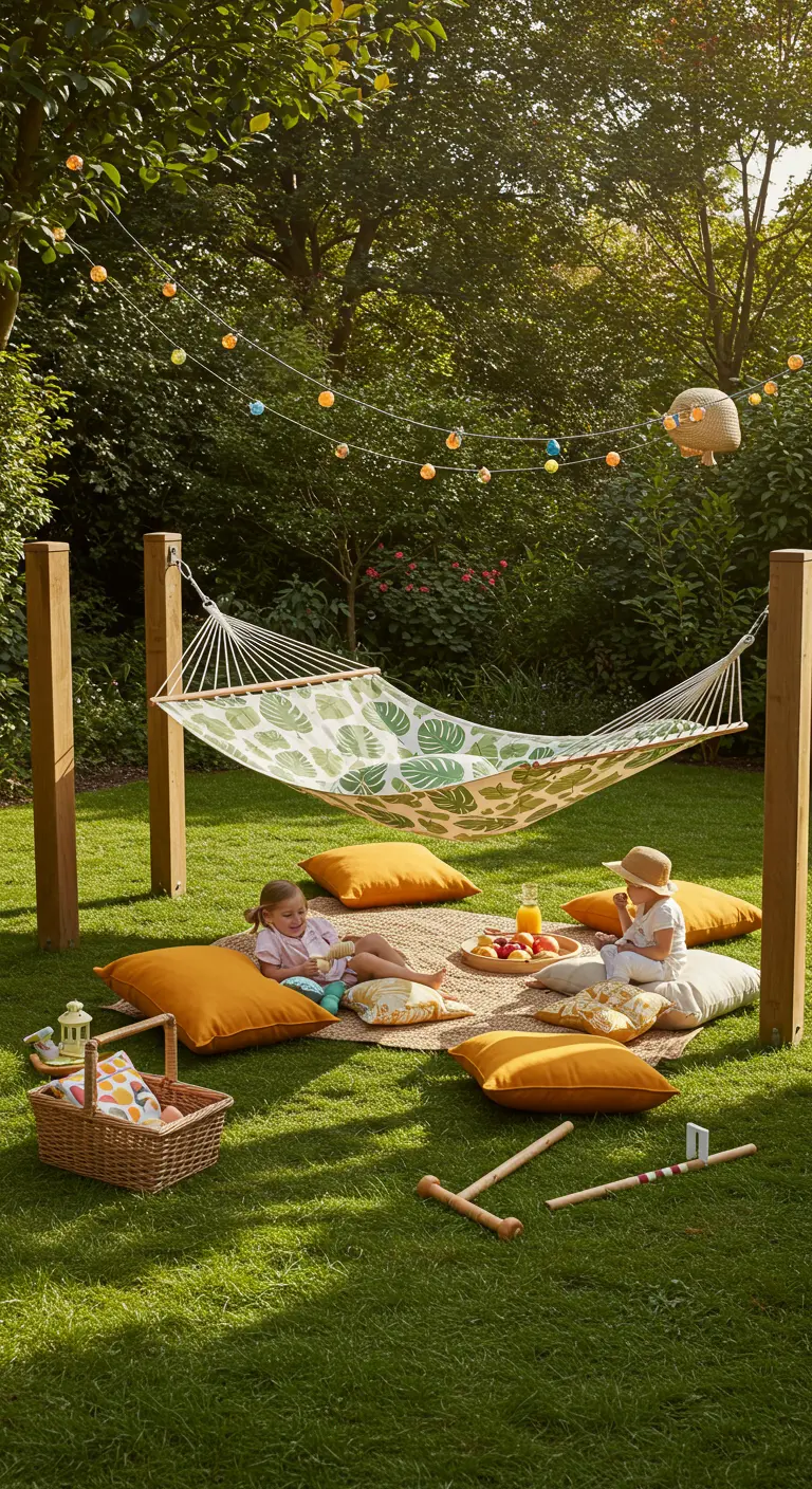 A leaf-print hammock in a grassy yard with children having a picnic on yellow cushions.