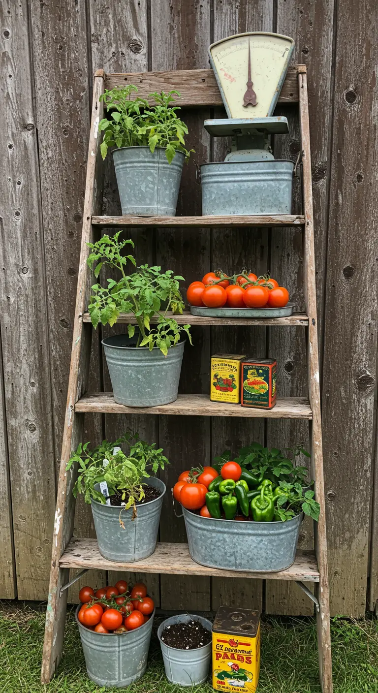 A rustic ladder used to display homegrown tomatoes and peppers in galvanized buckets.