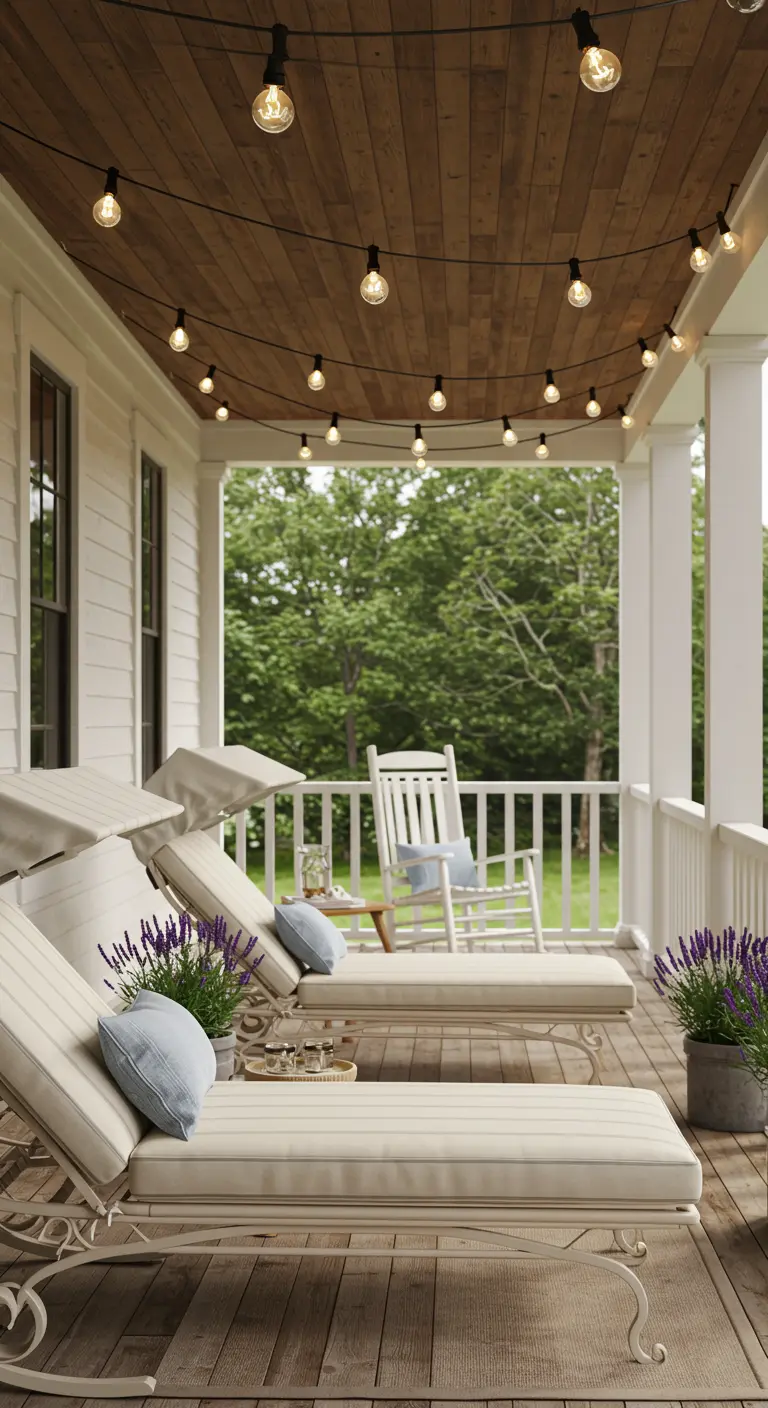 Wrought-iron sunbeds on a farmhouse porch with string lights on the wooden ceiling.