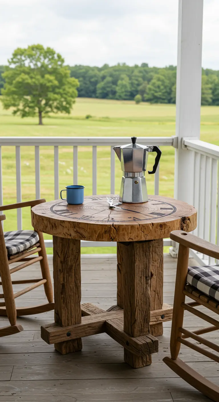 A rustic log slice clock table with a heavy timber base, set between two rocking chairs.