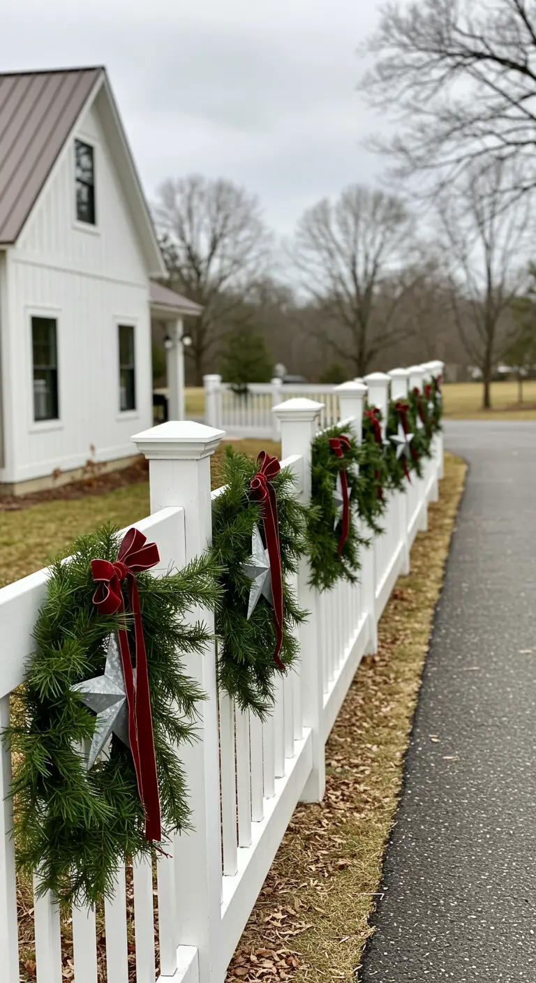 White picket fence decorated with a series of small wreaths with red ribbons and barn stars.