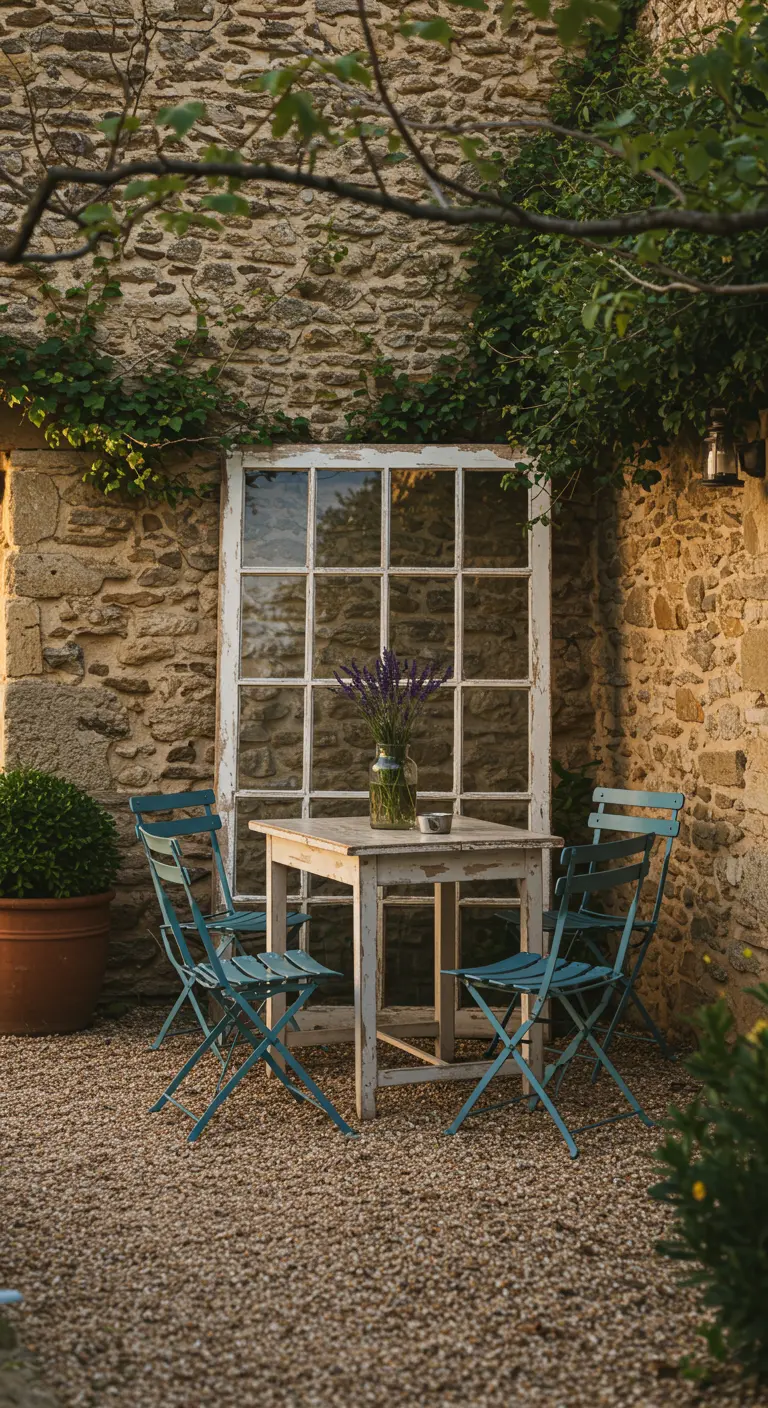 A reclaimed white window frame leans against a stone wall behind a small table and teal bistro chairs.