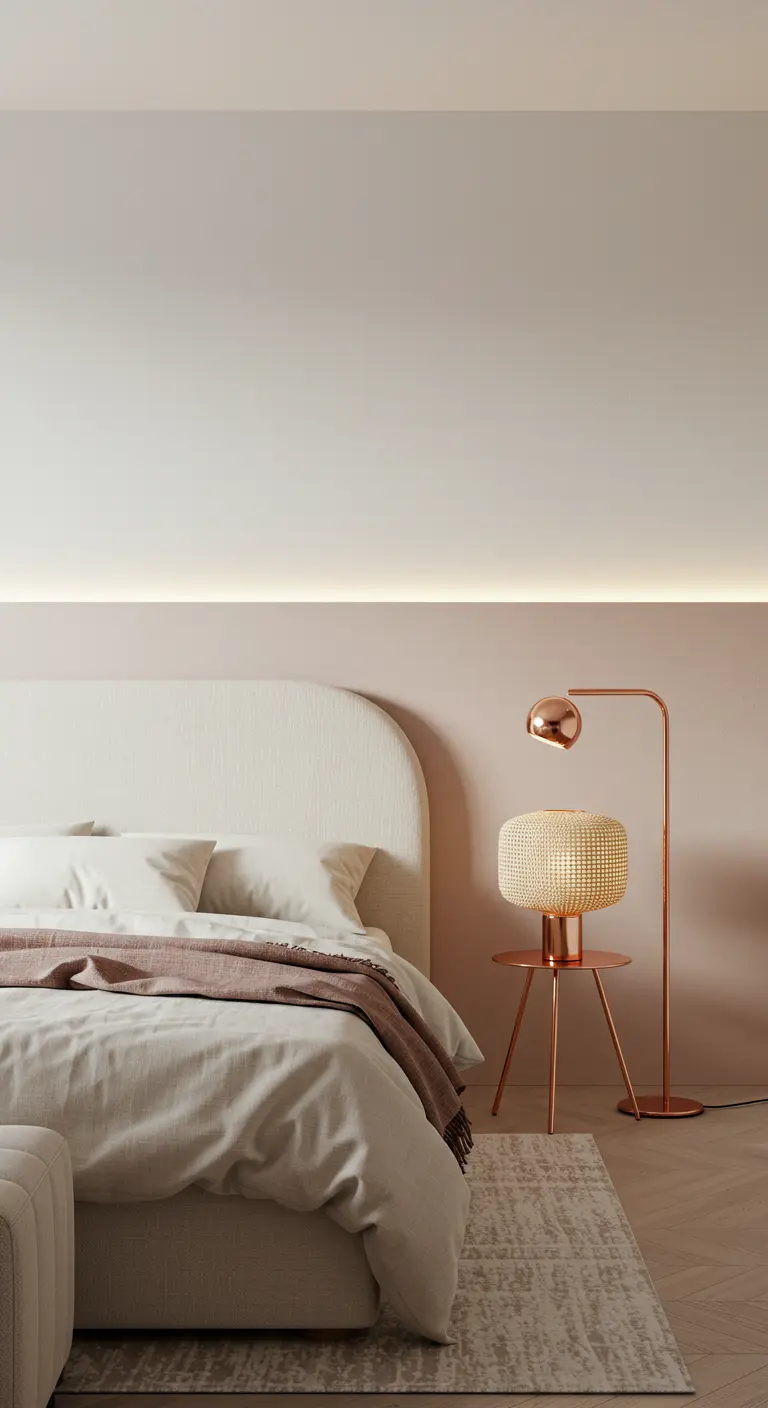 Bedroom with a half-painted pink wall featuring integrated backlighting above the bed.