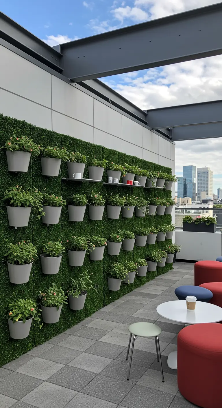 A wall covered in faux boxwood panels with a grid of planters holding flowering plants.