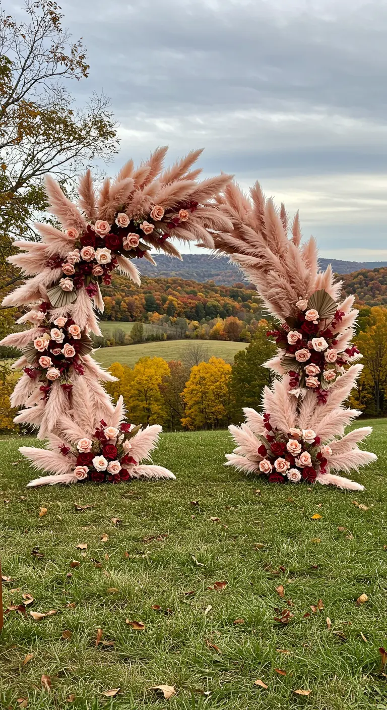 A circular wedding arch covered in fluffy blush pampas grass and roses on a hillside.