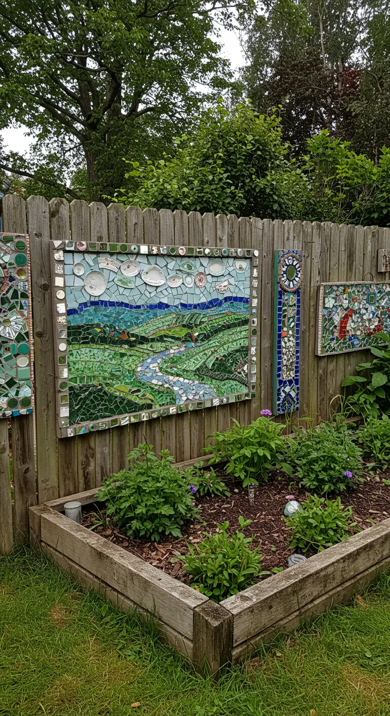 A large mosaic mural depicting a green landscape, mounted on a wooden fence behind a garden bed.