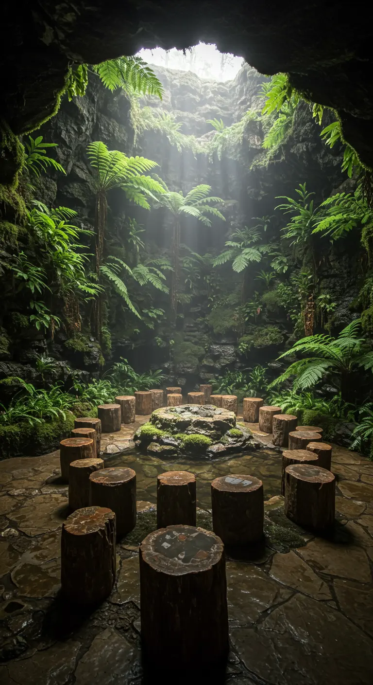 Rough log stools circle a mossy pool of water inside a cavernous rock grotto filled with ferns.