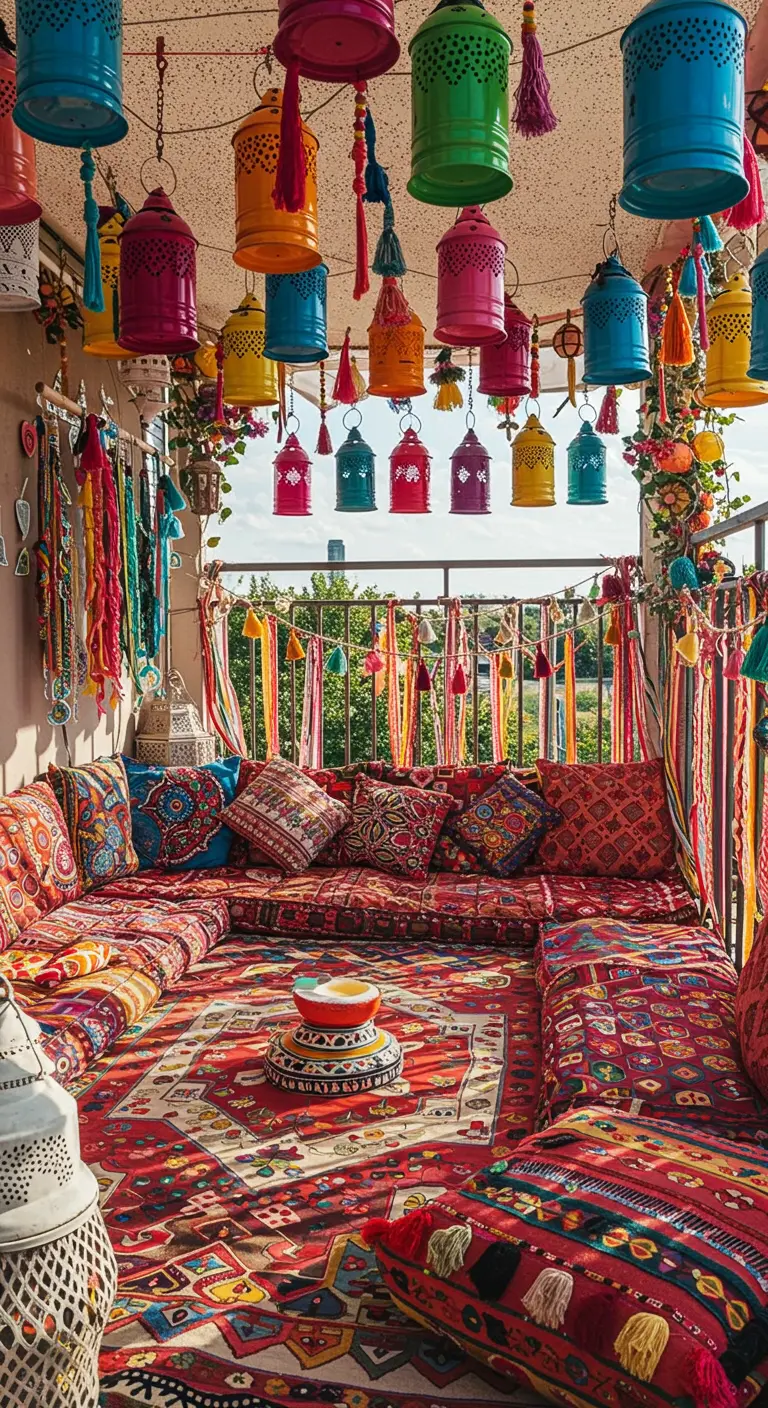 A balcony with a ceiling completely covered in dozens of colorful hanging lanterns.