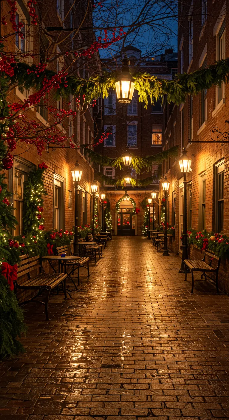 Brick alleyway decorated for winter with garlands, lights, and red bows.