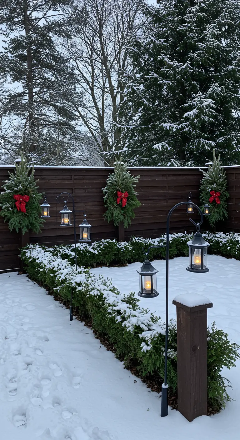A wooden fence decorated with evergreen swags and red bows, with hanging lanterns on hooks.