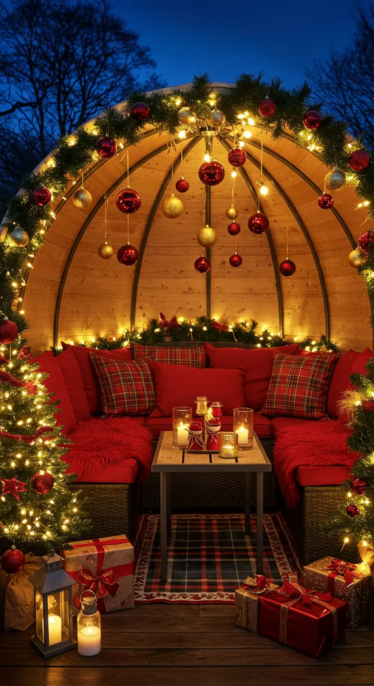 A wooden garden pod decorated for Christmas with red cushions, garlands, and ornaments.