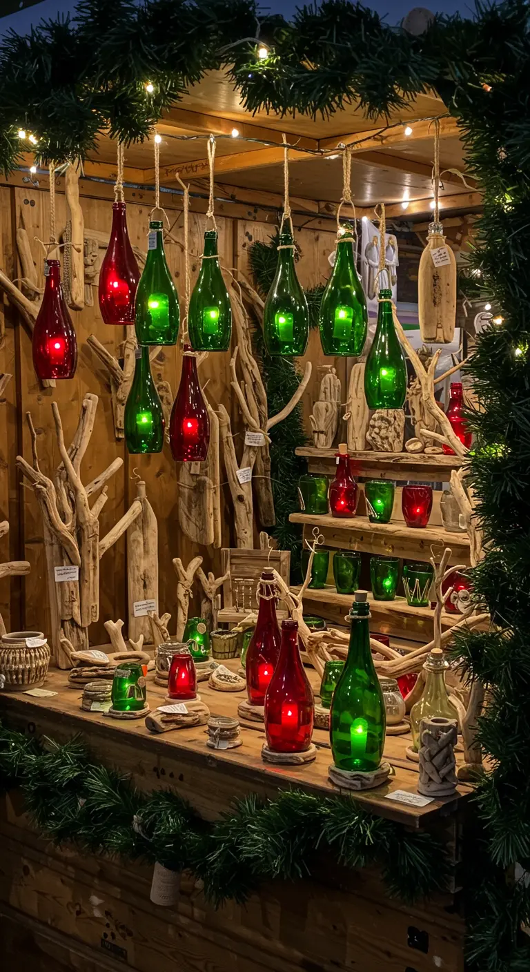 A festive market stall decorated with red and green hanging wine bottle lanterns and garland.
