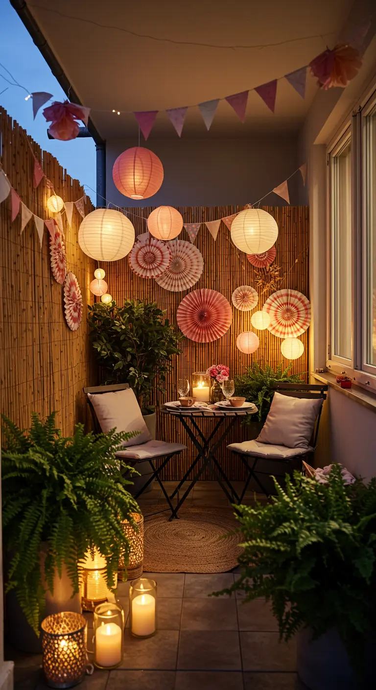 A balcony decorated for a party with pink paper fans, lanterns, and banners.