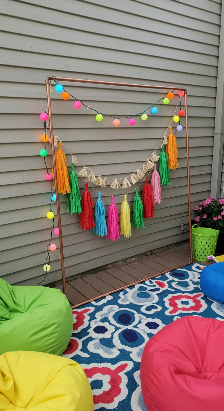 A copper pipe frame decorated with colorful lights and a tassel garland for a party.