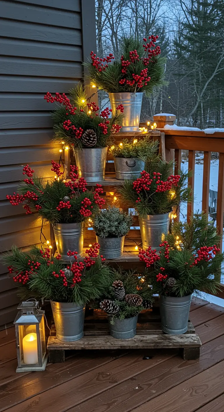 A tiered wooden stand with galvanized buckets filled with pine, berries, and fairy lights.