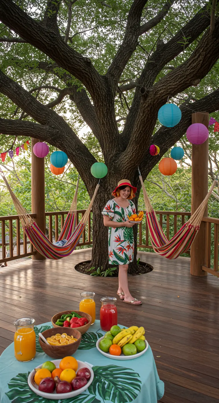 A woman in a floral dress on a treehouse deck with colorful hammocks and paper lanterns.