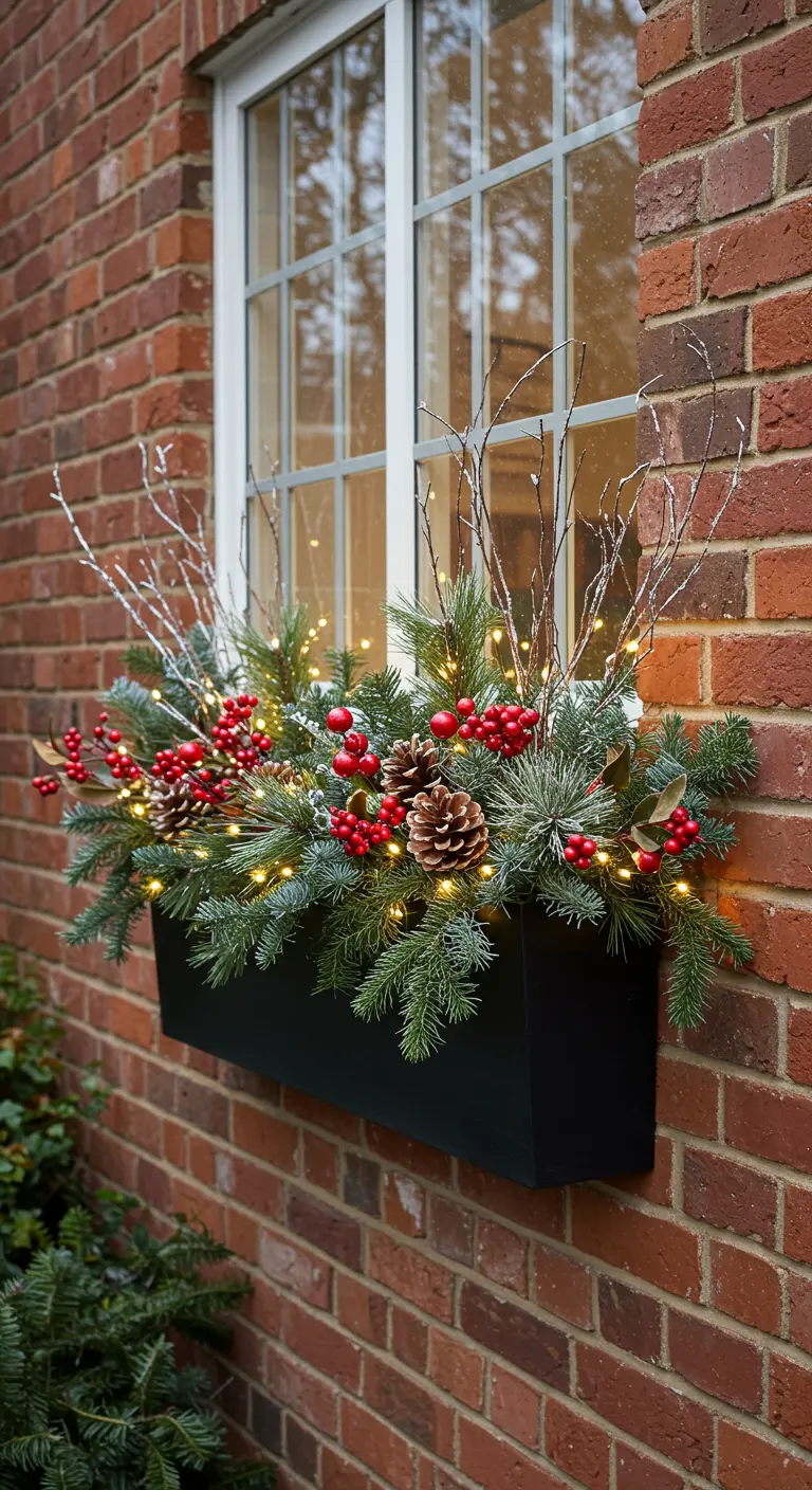 A window box on a brick wall, filled with pine, red berries, and warm lights.