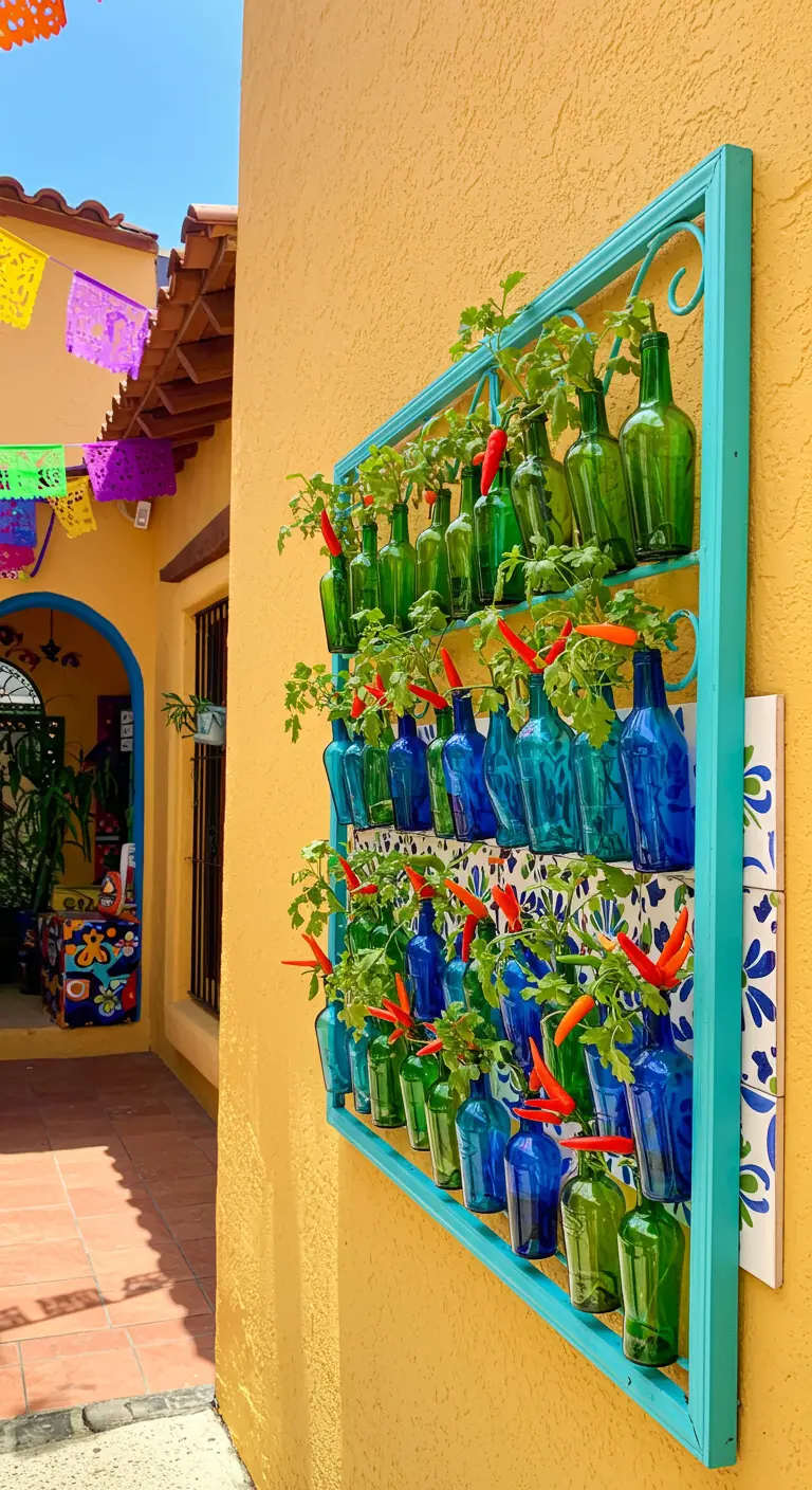 A turquoise-framed bottle garden with chili peppers against a yellow wall.
