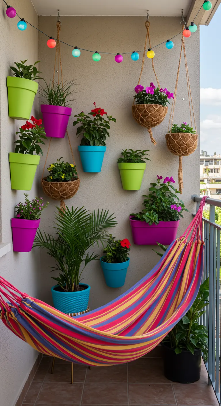 A vibrant balcony with brightly colored pots on the wall and a rainbow-striped hammock.