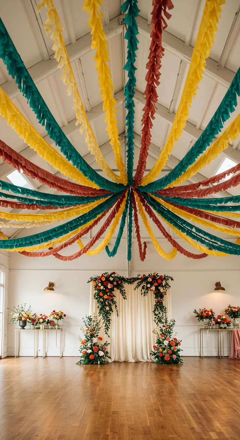 A colorful canopy of crepe paper streamers radiates from the center of a ceiling in a large hall.