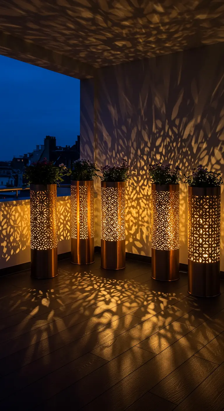 Five tall cylindrical metal planters with intricate cutouts, casting beautiful light patterns.