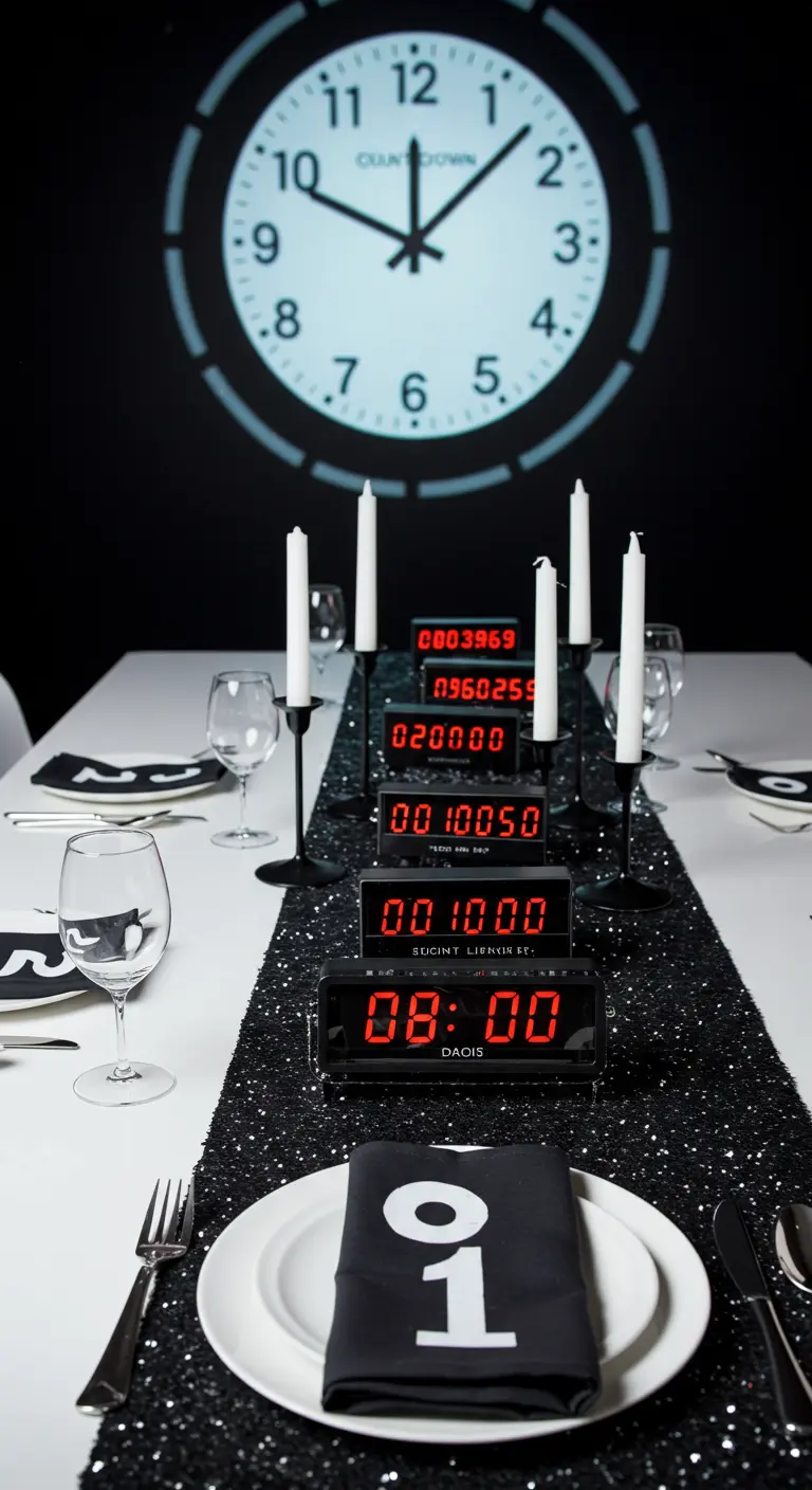 A futuristic table with digital countdown clocks and a large projected clock on the wall.