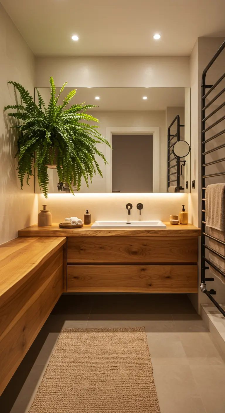 Wood vanity with a large, lush Boston fern and warm backlighting from the mirror.