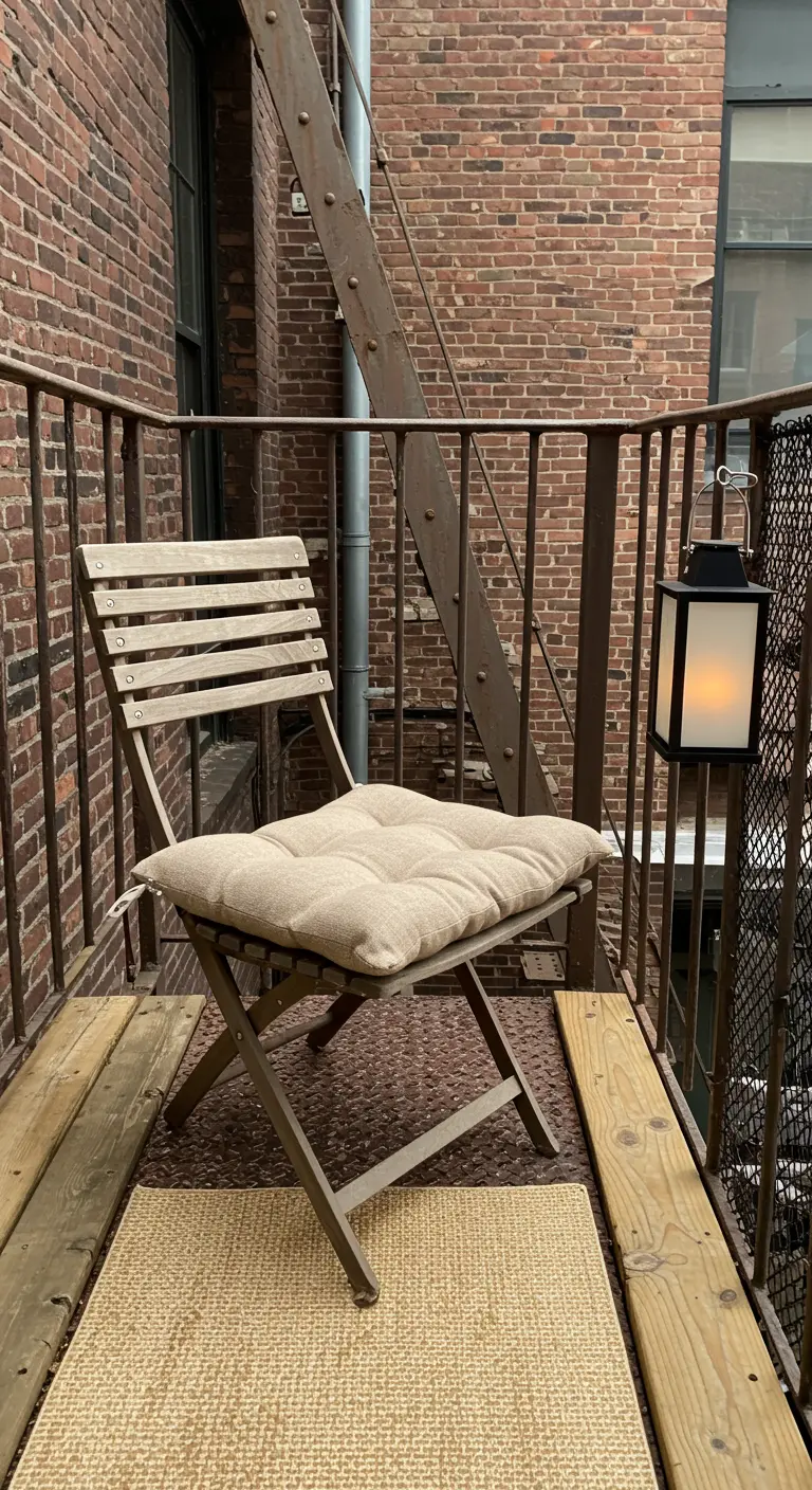 A tiny fire escape balcony with a folding chair, cushion, and a single hanging lantern.