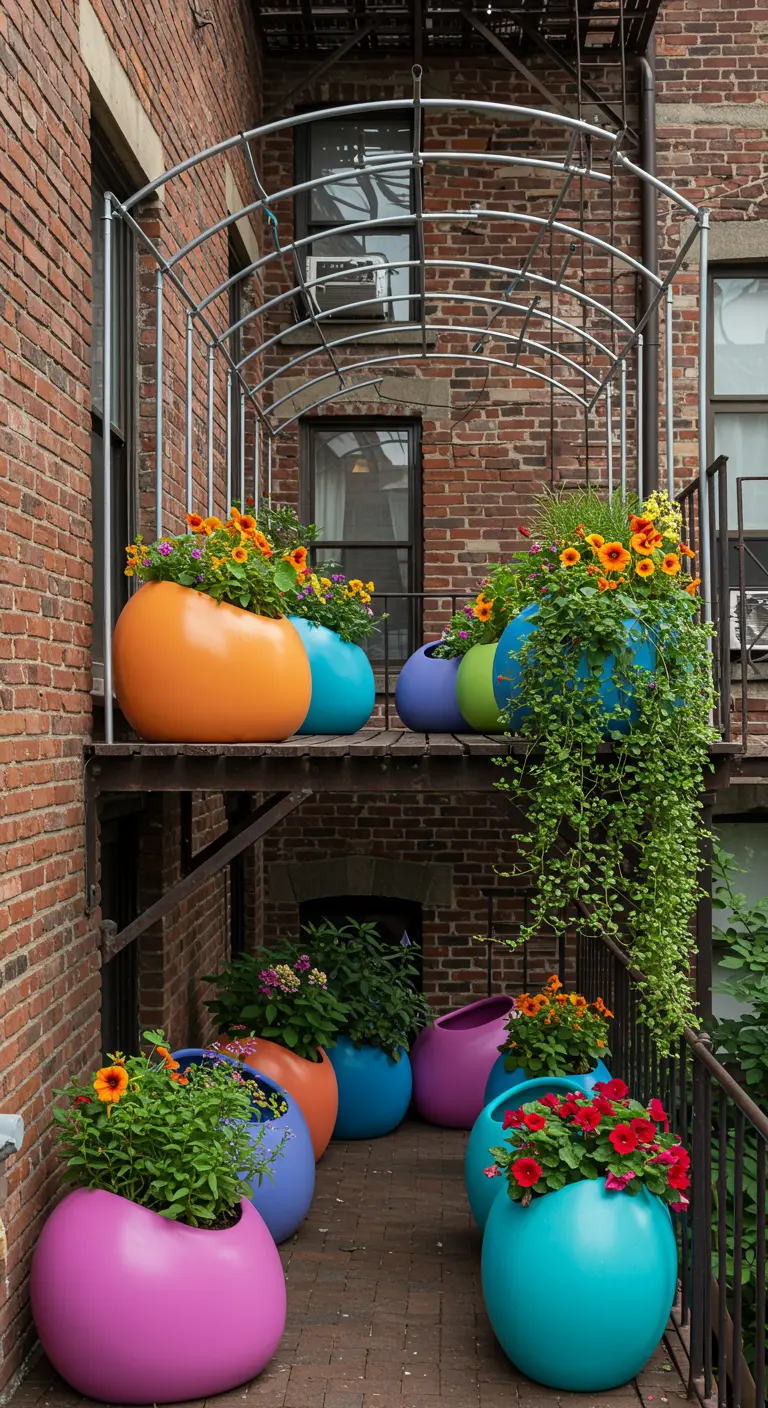 A multi-level fire escape overflowing with brightly colored round planters filled with flowers.