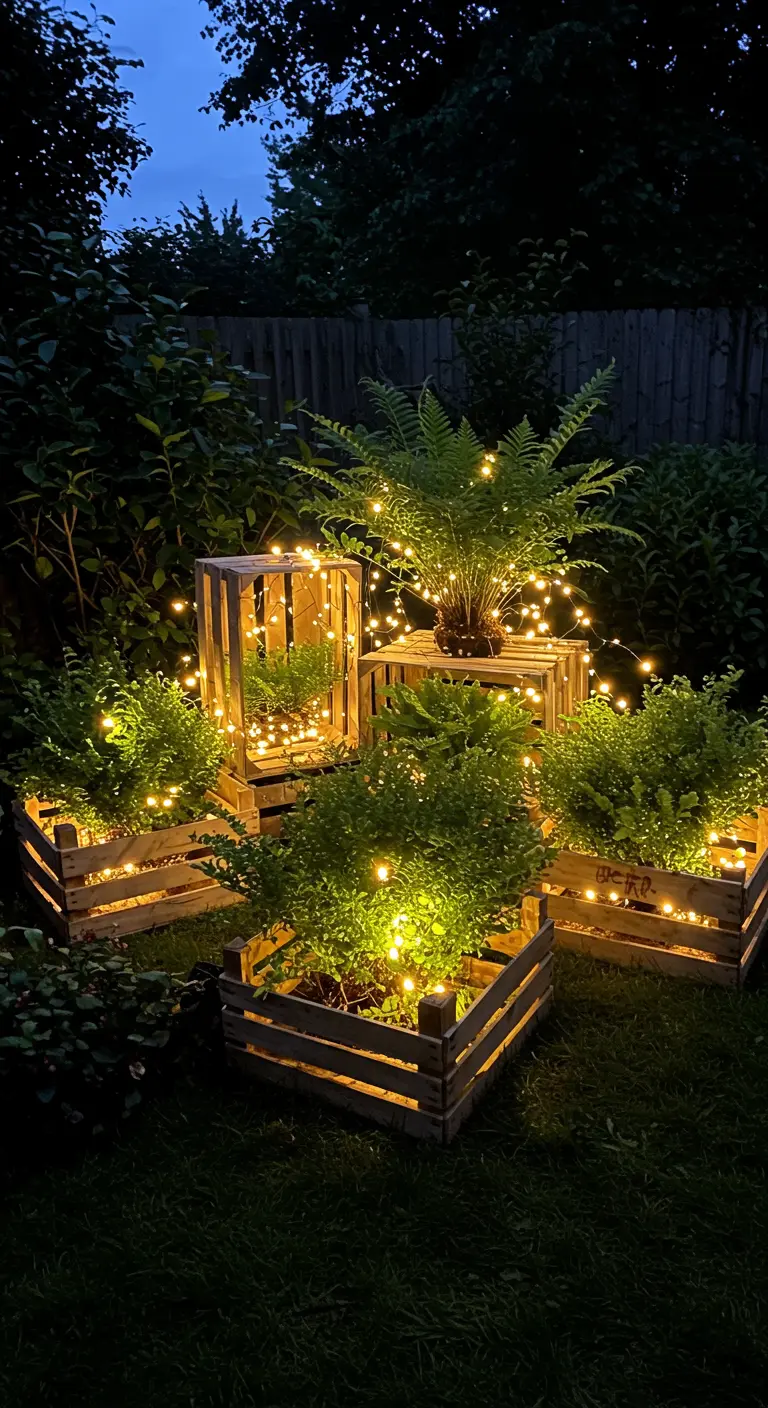 Wooden crates with ferns in a dark garden, intricately woven with glowing warm fairy lights.