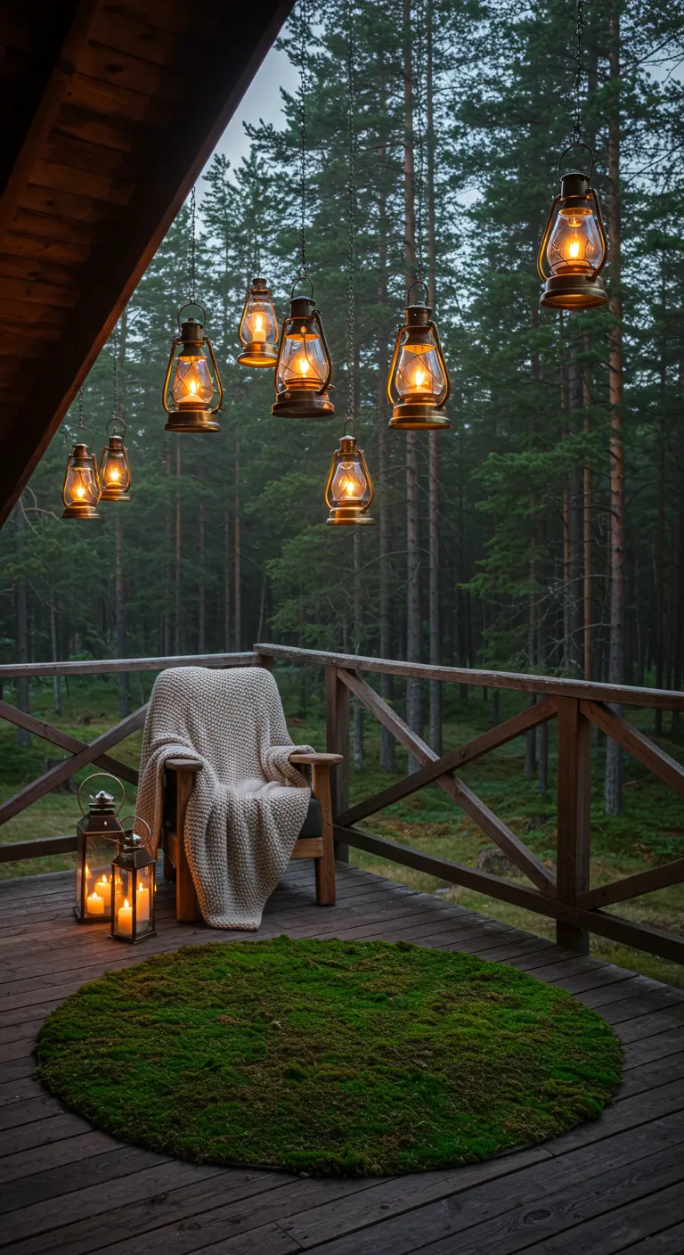 Cozy wooden balcony with hanging vintage lanterns and a round moss rug.