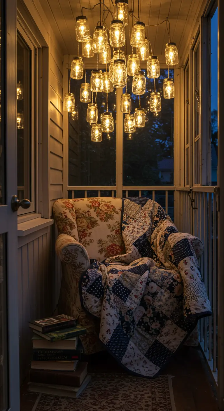 Cozy enclosed porch with an armchair, a patchwork quilt, and a mason jar chandelier.