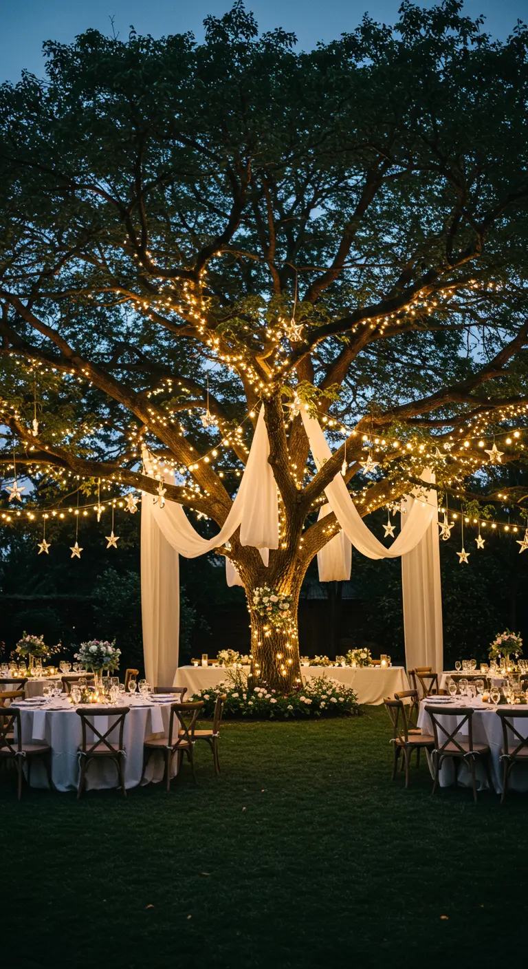 A large tree lit with fairy lights and hanging stars, with draped fabric for a party.