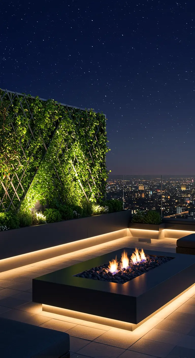 Rooftop terrace at night with a fire pit, LED strip lighting, and an illuminated green wall.