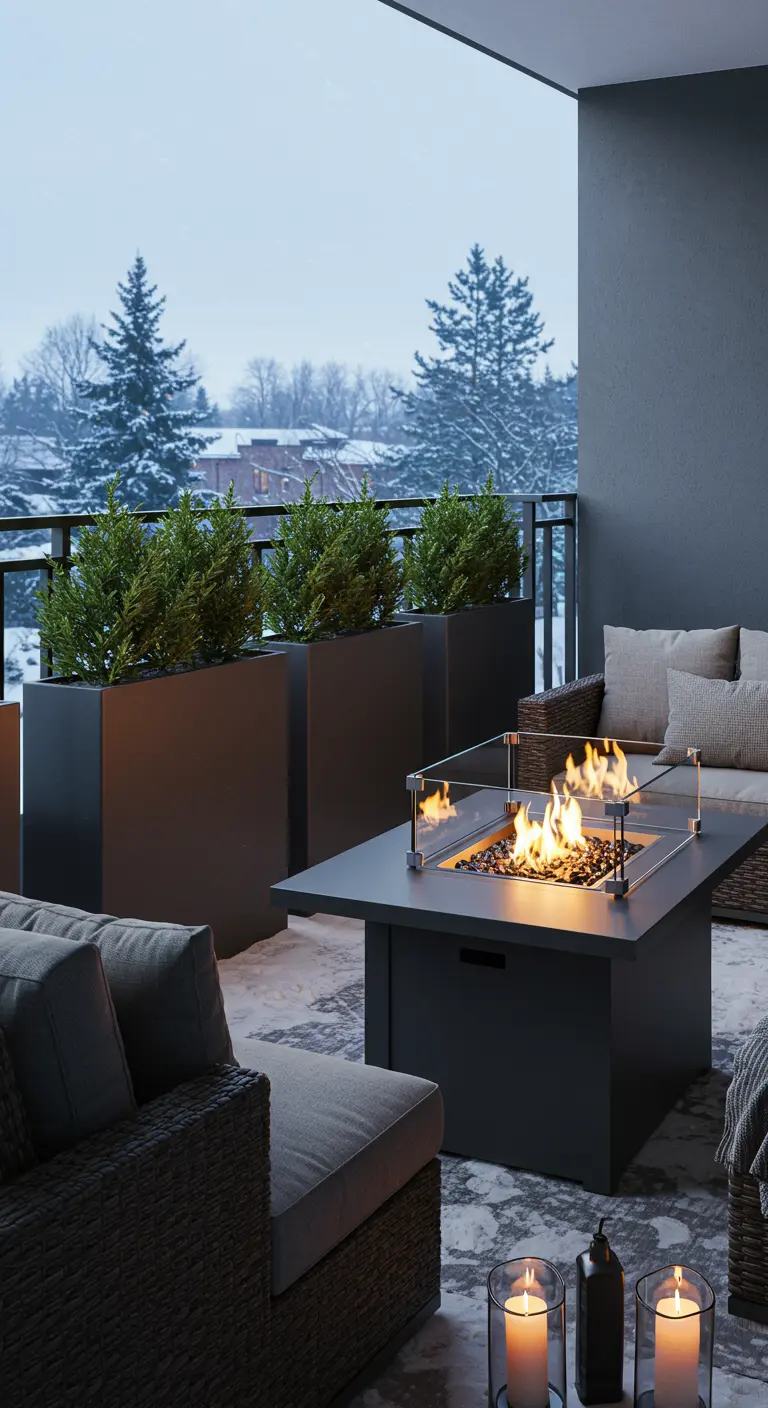 A modern fire pit table on a snowy balcony with cozy seating and planters.