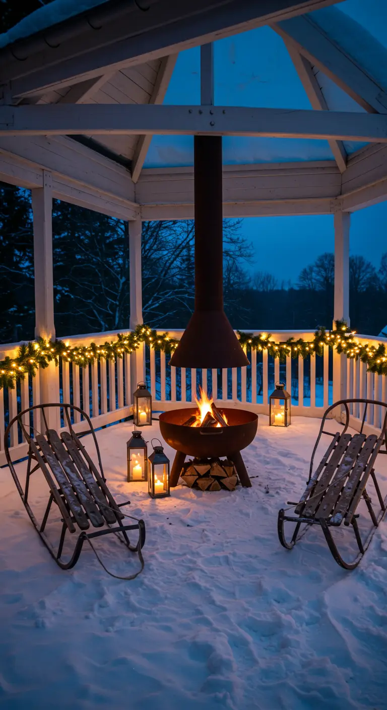 Snowy gazebo with a central fire pit, two sleds as seats, and glowing garlands.