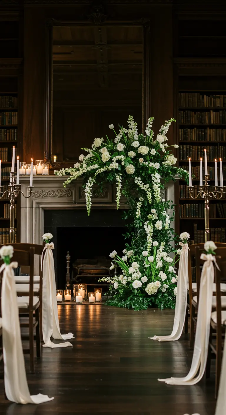 A grand fireplace adorned with a cascading arrangement of white flowers for a wedding ceremony.