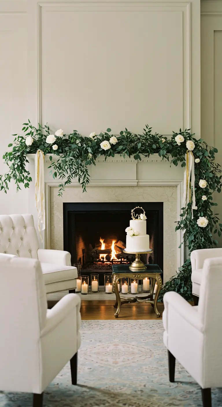 A fireplace decorated with a lush garland of greenery and white roses.
