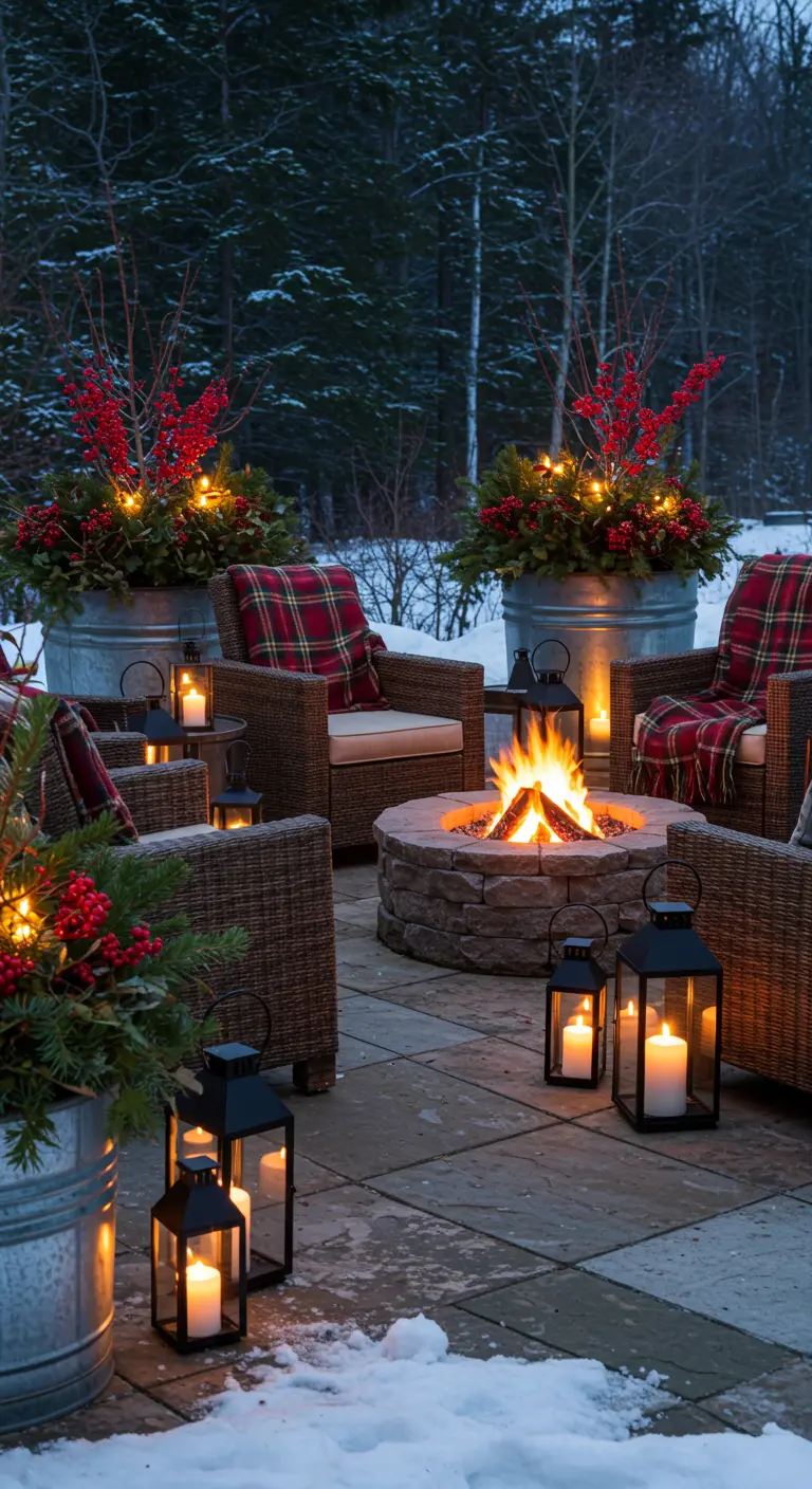 A cozy winter patio with a fire pit, wicker chairs, plaid blankets, and festive planters.