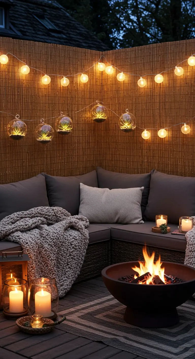 A cozy patio at night with a bamboo screen, a fire bowl, and a sectional with blankets.