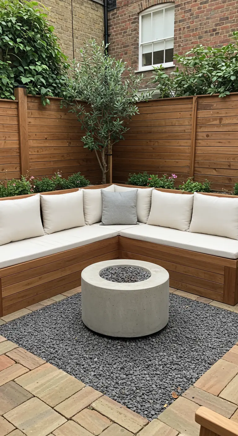 A built-in L-shaped wood bench with white cushions surrounding a modern concrete fire pit.